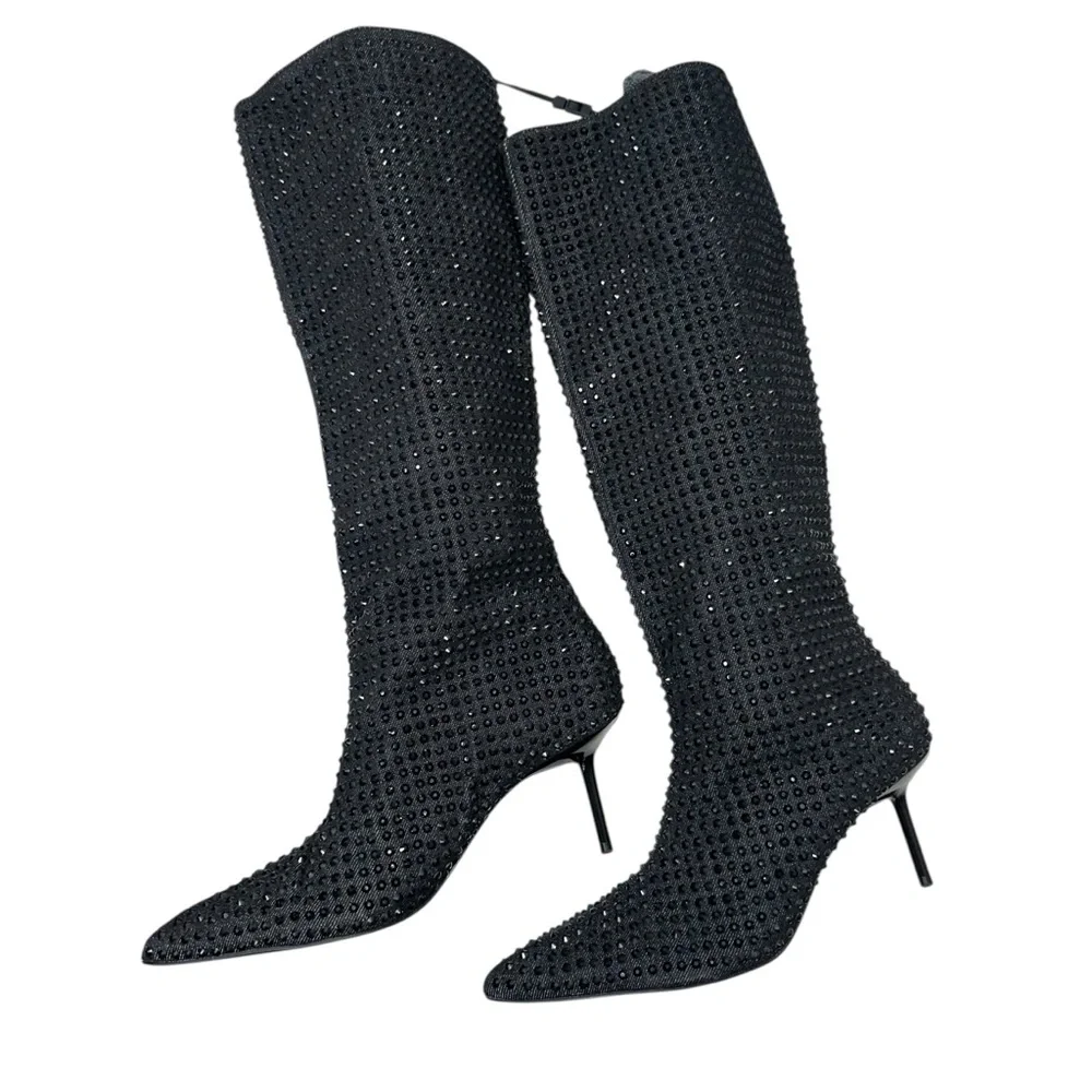 Zara Black Pointed Toe Rhinestone heeled knee high boo Size 39